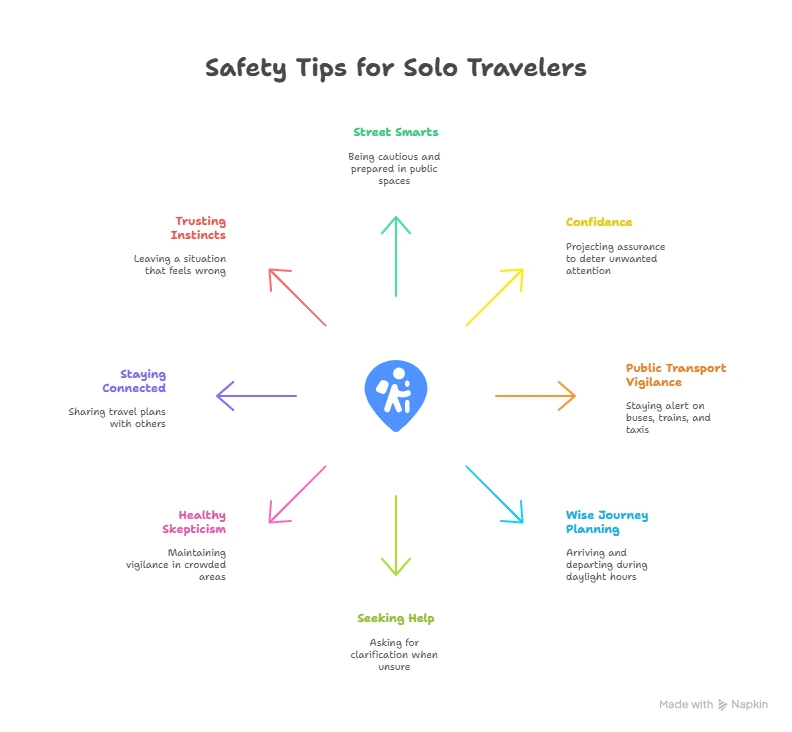 Safety Tips for Solo Travelers
Use street smarts: Be prepared and cautious about relying on strangers. Keep your money, map, guidebook, and phrasebook accessible but not obvious.
Project confidence: Walk with purpose, head up, like you know where you’re going. If you’re lost, be selective about who you ask for help—look for police, families, or go into stores or restaurants.
Be cautious with public transportation: Use the same vigilance you would at home on buses, trains, and in taxis.
Plan long journeys wisely: Arrange to arrive and depart during daylight hours when possible. Visit the station a day before your departure to familiarize yourself with the location.
Ask for help when needed: Don’t be afraid to seek clarification if you’re unsure about something, especially if there’s a language barrier. Locals often look out for travelers.
Maintain healthy skepticism: Stay vigilant, especially in crowded or isolated areas.
Stay connected: Share your travel plans with people back home. Inform hotel staff about your evening plans before heading out.
Trust your instincts: If a situation feels wrong, leave immediately. It’s always better to be safe.